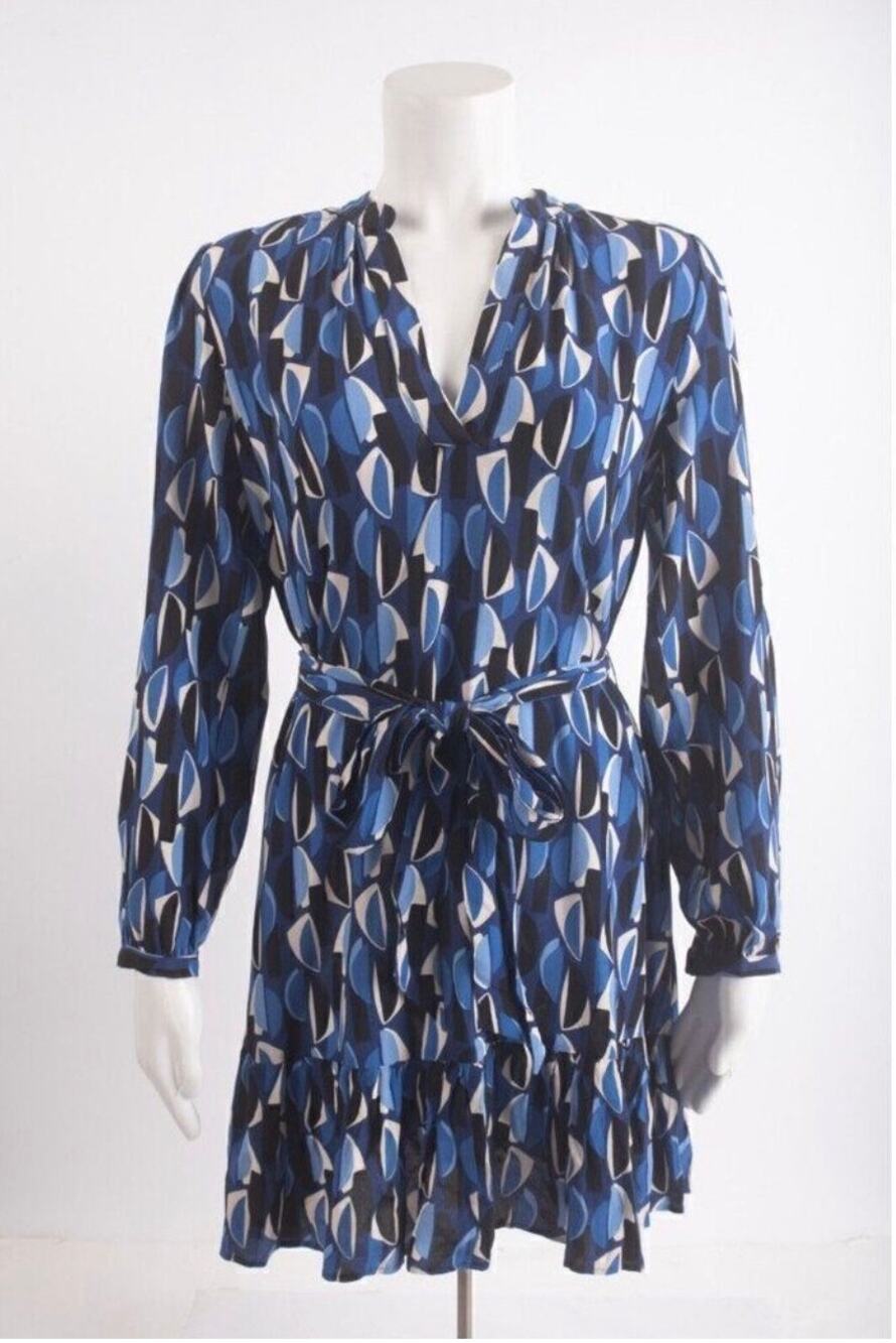 “Paula" Geometric Print Belted Mini Dress V neck ruffle collar Zara Womens Large